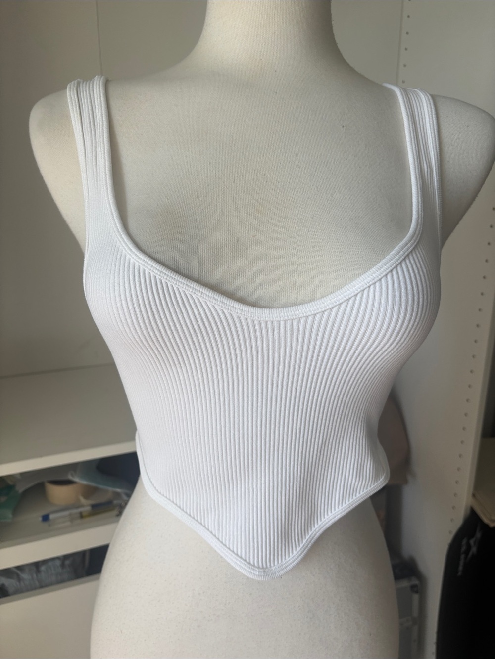 Zara White Ribbed Tank with Pointed Hem